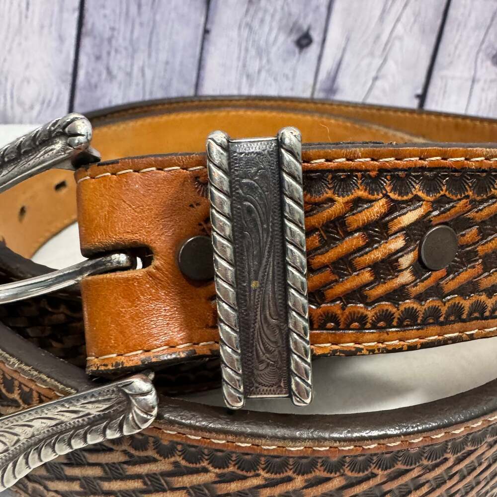 Justin Men's Bronco Basketweave Leather Belt Brown - Picture 4 of 8